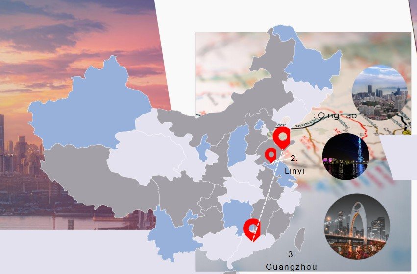 Route map for the Canton Fair and Linyi sourcing mission in China