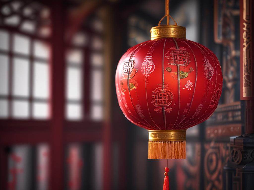 A beautifully decorated Chinese lantern in a vibrant red color, glowing softly against a dark background, with intricate designs showcasing Chinese culture. The lantern is the focal point, symbolizing the Lantern Festival, with delicate shadows adding depth.