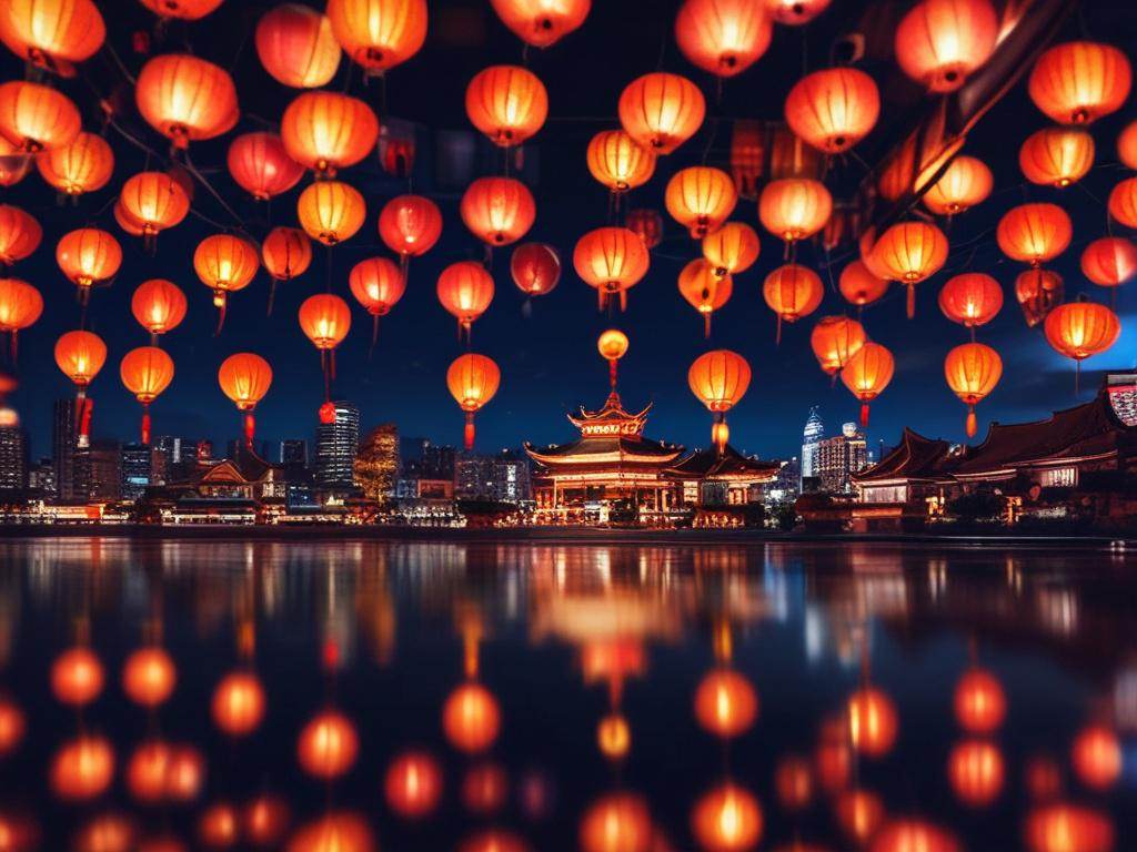 A vibrant lantern display at night, showcasing colorful lanterns in various shapes, with a clear night sky as the background, capturing the essence of the Mid-Autumn Festival. Shot with a 45mm f/1.2 lens for a hyper-realistic close-up.
