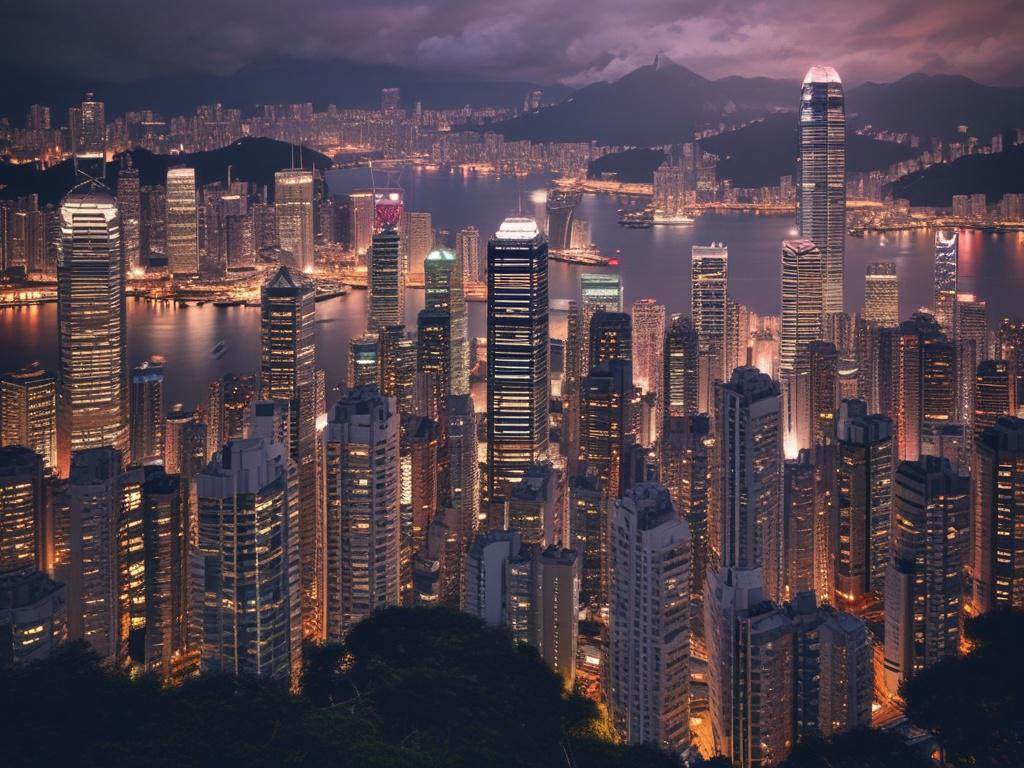 A vibrant skyline of Hong Kong with iconic buildings and Victoria Peak in the background, captured in hyper-realistic detail, focus on the dynamic urban landscape, shot with a 45mm f/1.2 lens.